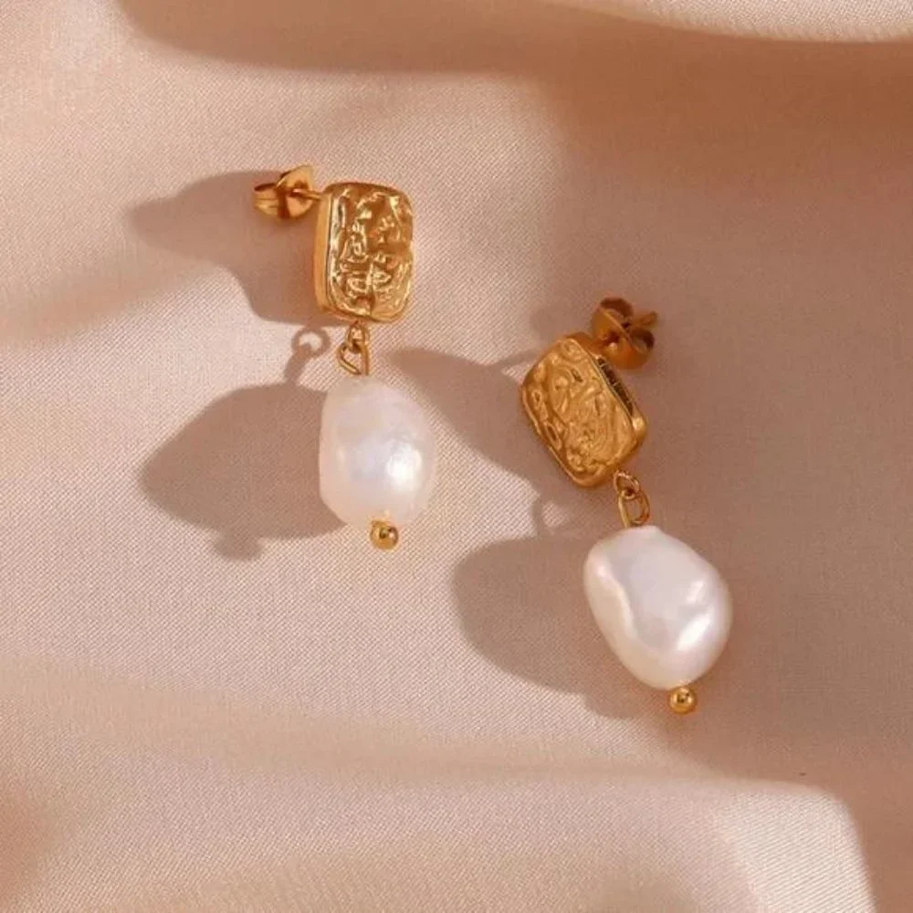 Gold Square Stud Fresh Water Pearl Drop Earrings, NICE EARRINGS, CUTE EARRINGS - Picture 3 of 7